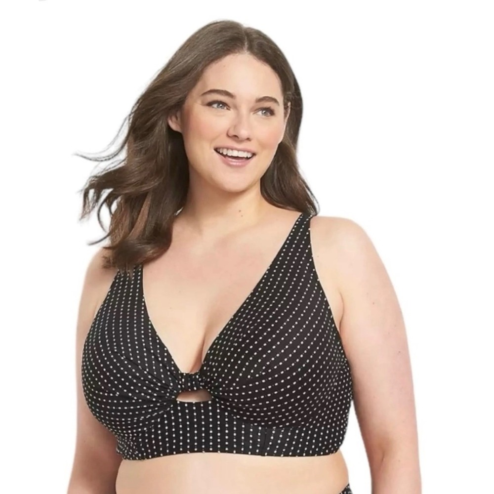 Lane Bryant Cacique Swim Bikini Top 44DDD Black White Polka Dot Underwire Plunge